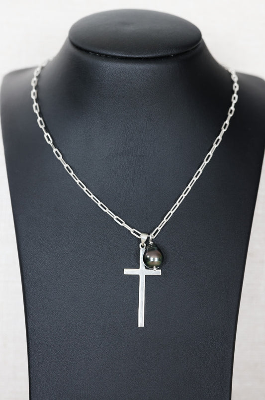 Unisex Cross With Tahitian Pearl Chain